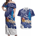 New Zealand Christmas In July Personalised Couples Matching Off Shoulder Maxi Dress and Hawaiian Shirt Funny Santa Sheep Meri Kirihimete Blue