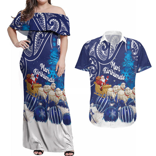 New Zealand Christmas In July Personalised Couples Matching Off Shoulder Maxi Dress and Hawaiian Shirt Funny Santa Sheep Meri Kirihimete Blue