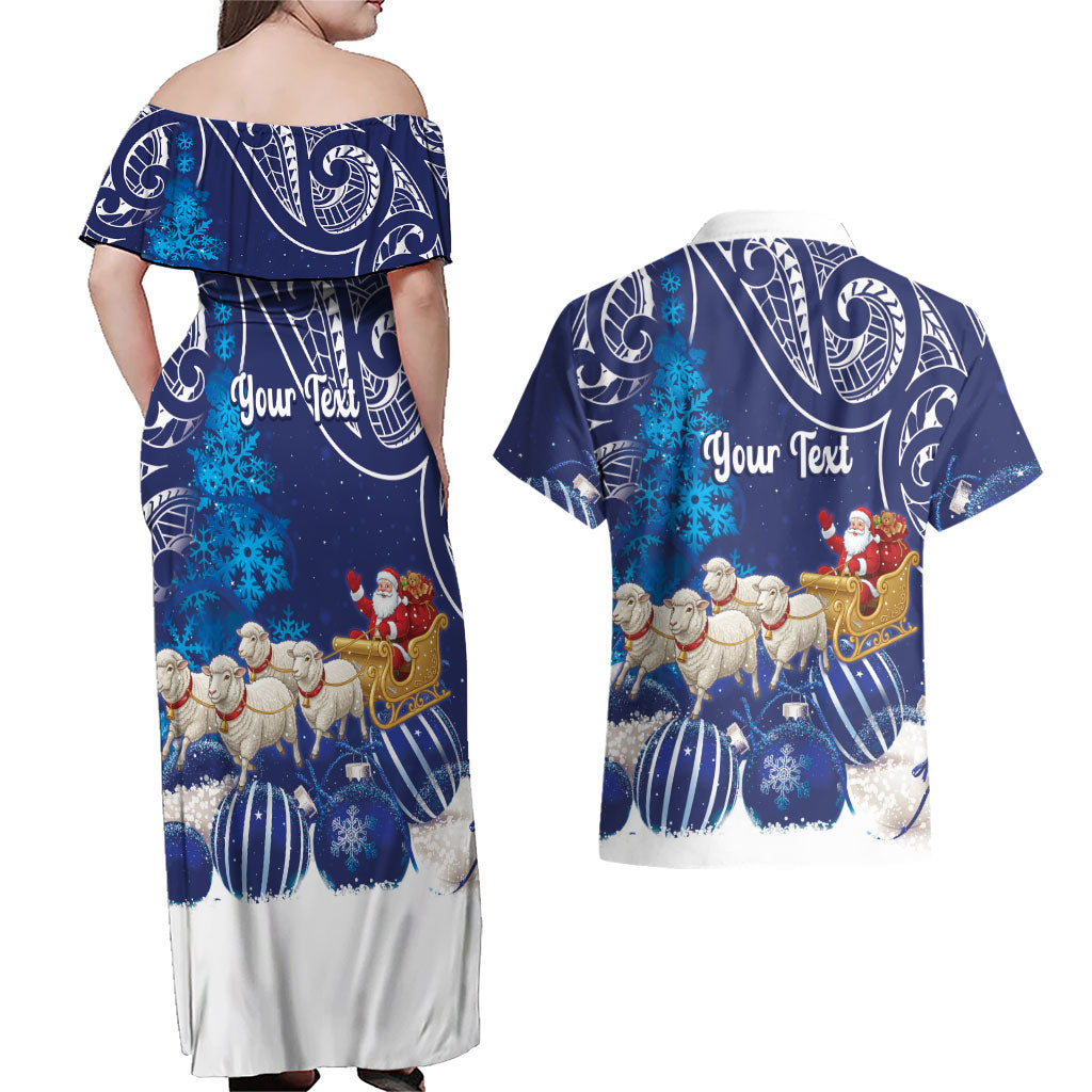 New Zealand Christmas In July Personalised Couples Matching Off Shoulder Maxi Dress and Hawaiian Shirt Funny Santa Sheep Meri Kirihimete Blue