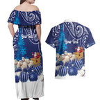 New Zealand Christmas In July Personalised Couples Matching Off Shoulder Maxi Dress and Hawaiian Shirt Funny Santa Sheep Meri Kirihimete Blue