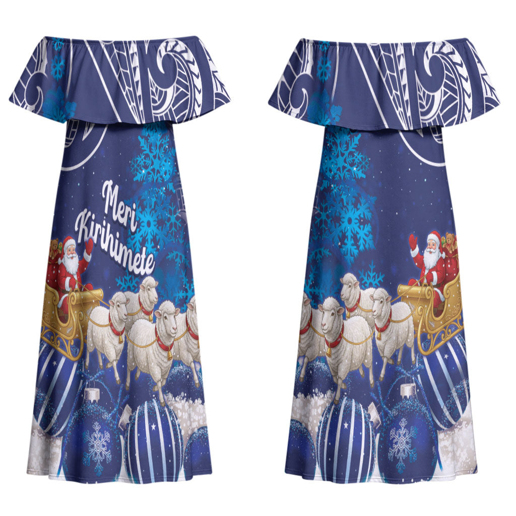 New Zealand Christmas In July Personalised Couples Matching Off Shoulder Maxi Dress and Hawaiian Shirt Funny Santa Sheep Meri Kirihimete Blue LT14