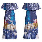 New Zealand Christmas In July Personalised Couples Matching Off Shoulder Maxi Dress and Hawaiian Shirt Funny Santa Sheep Meri Kirihimete Blue LT14