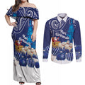 New Zealand Christmas In July Personalised Couples Matching Off Shoulder Maxi Dress and Long Sleeve Button Shirt Funny Santa Sheep Meri Kirihimete Blue