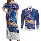New Zealand Christmas In July Personalised Couples Matching Off Shoulder Maxi Dress and Long Sleeve Button Shirt Funny Santa Sheep Meri Kirihimete Blue