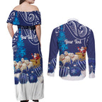 New Zealand Christmas In July Personalised Couples Matching Off Shoulder Maxi Dress and Long Sleeve Button Shirt Funny Santa Sheep Meri Kirihimete Blue