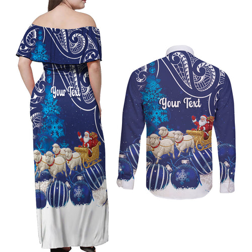 New Zealand Christmas In July Personalised Couples Matching Off Shoulder Maxi Dress and Long Sleeve Button Shirt Funny Santa Sheep Meri Kirihimete Blue