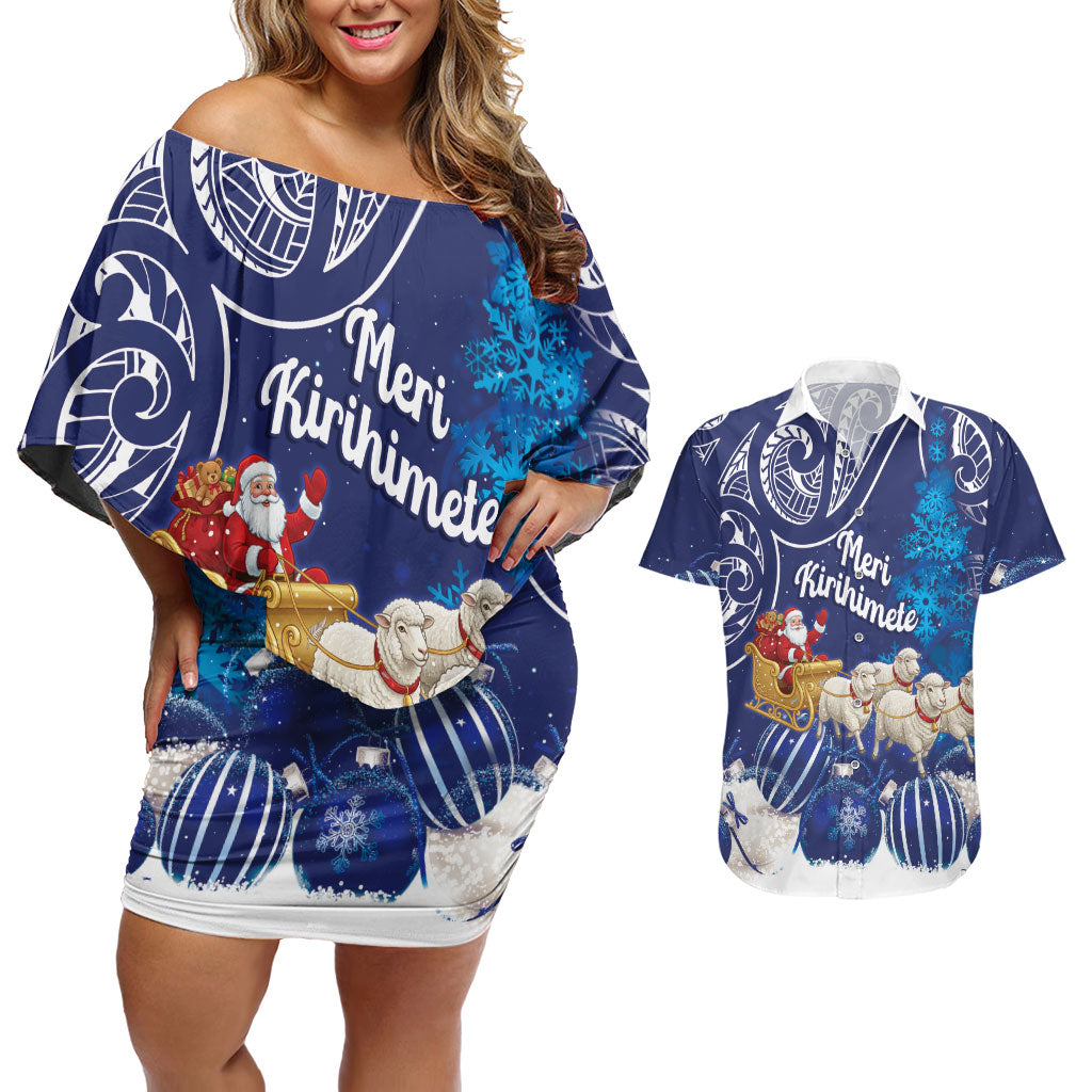 New Zealand Christmas In July Personalised Couples Matching Off Shoulder Short Dress and Hawaiian Shirt Funny Santa Sheep Meri Kirihimete Blue