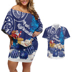 New Zealand Christmas In July Personalised Couples Matching Off Shoulder Short Dress and Hawaiian Shirt Funny Santa Sheep Meri Kirihimete Blue