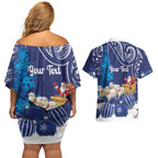 New Zealand Christmas In July Personalised Couples Matching Off Shoulder Short Dress and Hawaiian Shirt Funny Santa Sheep Meri Kirihimete Blue