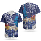 New Zealand Christmas In July Personalised Couples Matching Off Shoulder Short Dress and Hawaiian Shirt Funny Santa Sheep Meri Kirihimete Blue LT14