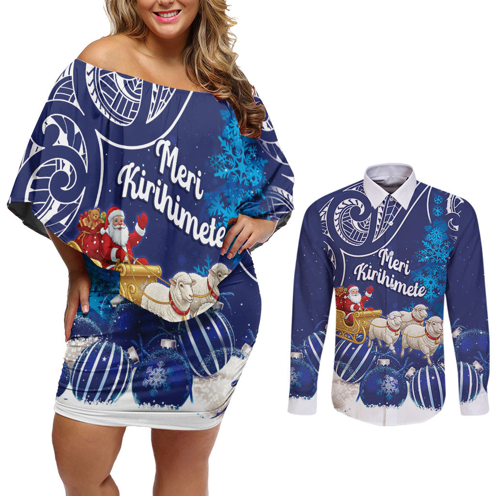 New Zealand Christmas In July Personalised Couples Matching Off Shoulder Short Dress and Long Sleeve Button Shirt Funny Santa Sheep Meri Kirihimete Blue