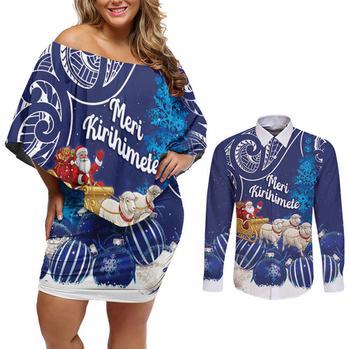 New Zealand Christmas In July Personalised Couples Matching Off Shoulder Short Dress and Long Sleeve Button Shirt Funny Santa Sheep Meri Kirihimete Blue