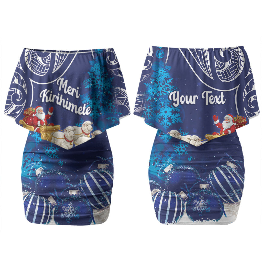 New Zealand Christmas In July Personalised Couples Matching Off Shoulder Short Dress and Long Sleeve Button Shirt Funny Santa Sheep Meri Kirihimete Blue LT14