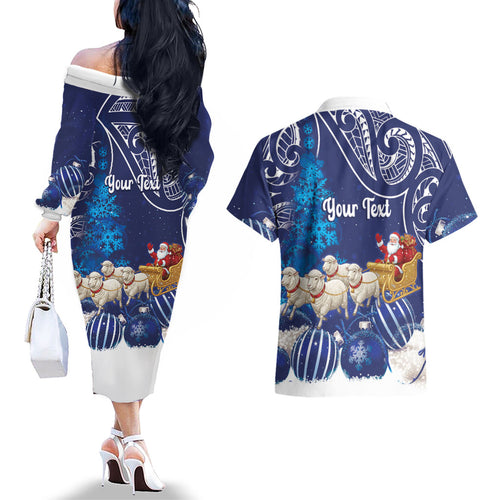 New Zealand Christmas In July Personalised Couples Matching Off The Shoulder Long Sleeve Dress and Hawaiian Shirt Funny Santa Sheep Meri Kirihimete Blue