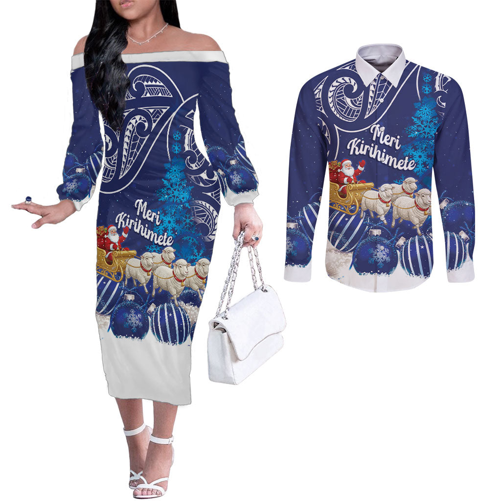 New Zealand Christmas In July Personalised Couples Matching Off The Shoulder Long Sleeve Dress and Long Sleeve Button Shirt Funny Santa Sheep Meri Kirihimete Blue