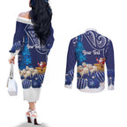 New Zealand Christmas In July Personalised Couples Matching Off The Shoulder Long Sleeve Dress and Long Sleeve Button Shirt Funny Santa Sheep Meri Kirihimete Blue
