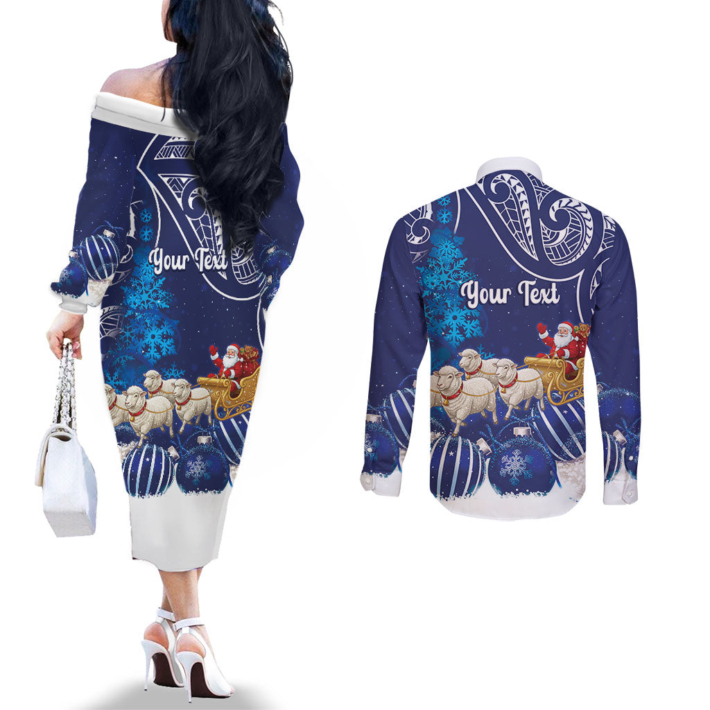 New Zealand Christmas In July Personalised Couples Matching Off The Shoulder Long Sleeve Dress and Long Sleeve Button Shirt Funny Santa Sheep Meri Kirihimete Blue
