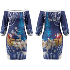 New Zealand Christmas In July Personalised Couples Matching Off The Shoulder Long Sleeve Dress and Long Sleeve Button Shirt Funny Santa Sheep Meri Kirihimete Blue LT14