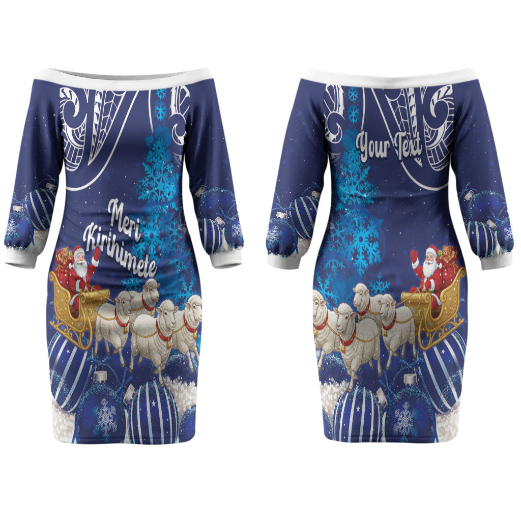 New Zealand Christmas In July Personalised Couples Matching Off The Shoulder Long Sleeve Dress and Long Sleeve Button Shirt Funny Santa Sheep Meri Kirihimete Blue LT14