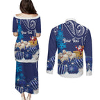 New Zealand Christmas In July Personalised Couples Matching Puletasi and Long Sleeve Button Shirt Funny Santa Sheep Meri Kirihimete Blue