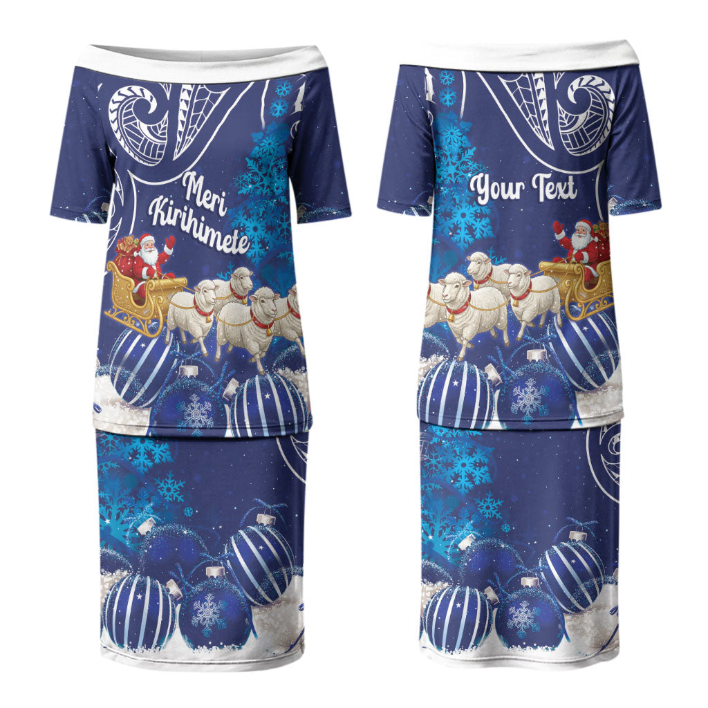 New Zealand Christmas In July Personalised Couples Matching Puletasi and Long Sleeve Button Shirt Funny Santa Sheep Meri Kirihimete Blue LT14