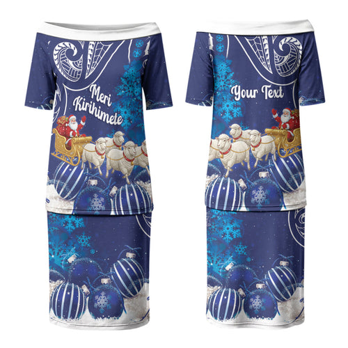 New Zealand Christmas In July Personalised Couples Matching Puletasi and Long Sleeve Button Shirt Funny Santa Sheep Meri Kirihimete Blue LT14