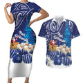 New Zealand Christmas In July Personalised Couples Matching Short Sleeve Bodycon Dress and Hawaiian Shirt Funny Santa Sheep Meri Kirihimete Blue