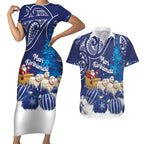 New Zealand Christmas In July Personalised Couples Matching Short Sleeve Bodycon Dress and Hawaiian Shirt Funny Santa Sheep Meri Kirihimete Blue
