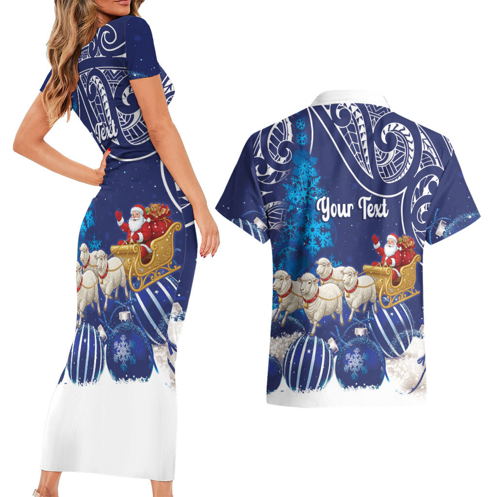 New Zealand Christmas In July Personalised Couples Matching Short Sleeve Bodycon Dress and Hawaiian Shirt Funny Santa Sheep Meri Kirihimete Blue