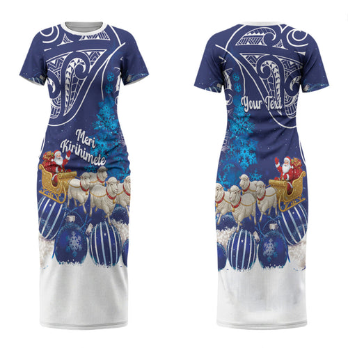 New Zealand Christmas In July Personalised Couples Matching Short Sleeve Bodycon Dress and Hawaiian Shirt Funny Santa Sheep Meri Kirihimete Blue LT14