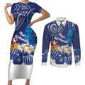 New Zealand Christmas In July Personalised Couples Matching Short Sleeve Bodycon Dress and Long Sleeve Button Shirt Funny Santa Sheep Meri Kirihimete Blue
