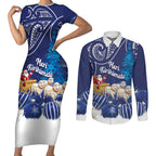 New Zealand Christmas In July Personalised Couples Matching Short Sleeve Bodycon Dress and Long Sleeve Button Shirt Funny Santa Sheep Meri Kirihimete Blue