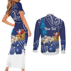 New Zealand Christmas In July Personalised Couples Matching Short Sleeve Bodycon Dress and Long Sleeve Button Shirt Funny Santa Sheep Meri Kirihimete Blue