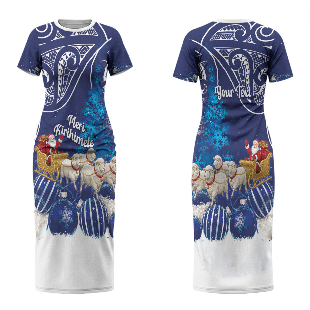 New Zealand Christmas In July Personalised Couples Matching Short Sleeve Bodycon Dress and Long Sleeve Button Shirt Funny Santa Sheep Meri Kirihimete Blue LT14
