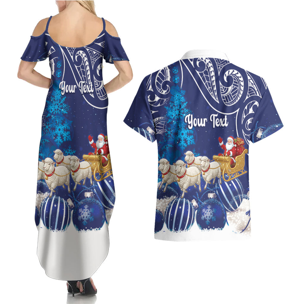 New Zealand Christmas In July Personalised Couples Matching Summer Maxi Dress and Hawaiian Shirt Funny Santa Sheep Meri Kirihimete Blue
