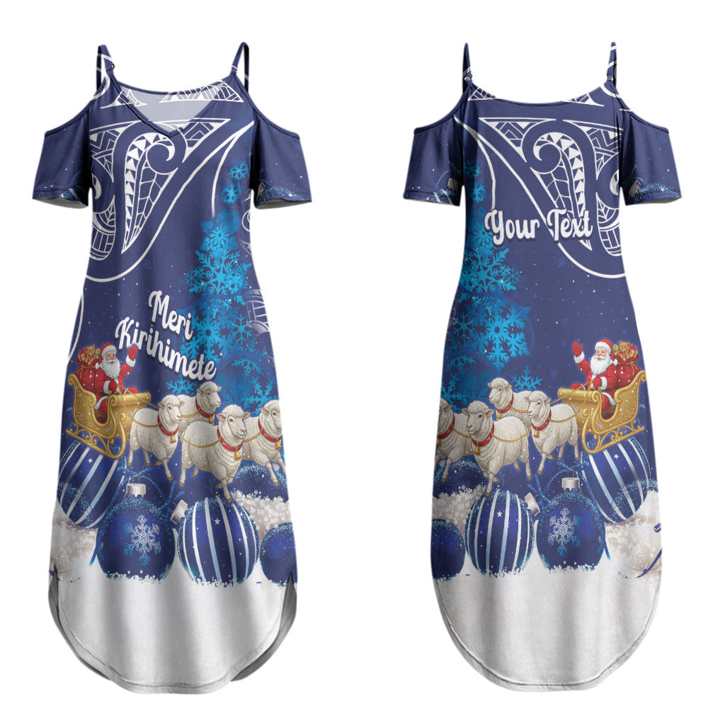 New Zealand Christmas In July Personalised Couples Matching Summer Maxi Dress and Hawaiian Shirt Funny Santa Sheep Meri Kirihimete Blue LT14