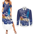New Zealand Christmas In July Personalised Couples Matching Summer Maxi Dress and Long Sleeve Button Shirt Funny Santa Sheep Meri Kirihimete Blue