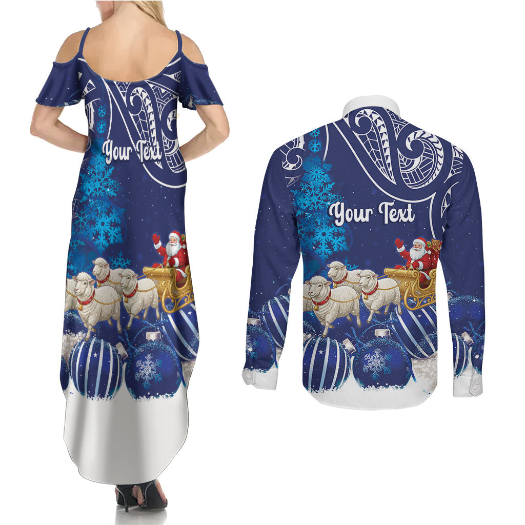 New Zealand Christmas In July Personalised Couples Matching Summer Maxi Dress and Long Sleeve Button Shirt Funny Santa Sheep Meri Kirihimete Blue