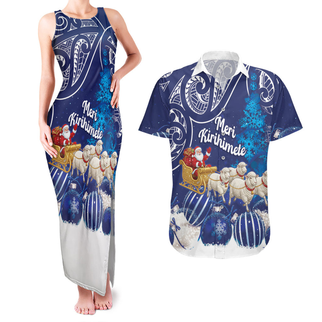 New Zealand Christmas In July Personalised Couples Matching Tank Maxi Dress and Hawaiian Shirt Funny Santa Sheep Meri Kirihimete Blue