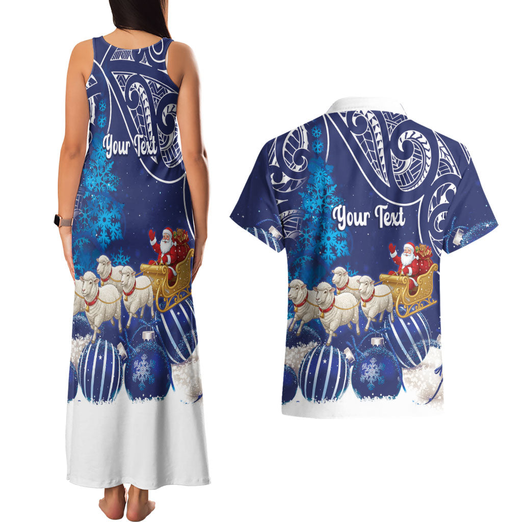 New Zealand Christmas In July Personalised Couples Matching Tank Maxi Dress and Hawaiian Shirt Funny Santa Sheep Meri Kirihimete Blue