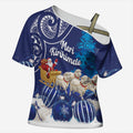 New Zealand Christmas In July Personalised Cross Shoulder Shirt Funny Santa Sheep Meri Kirihimete Blue