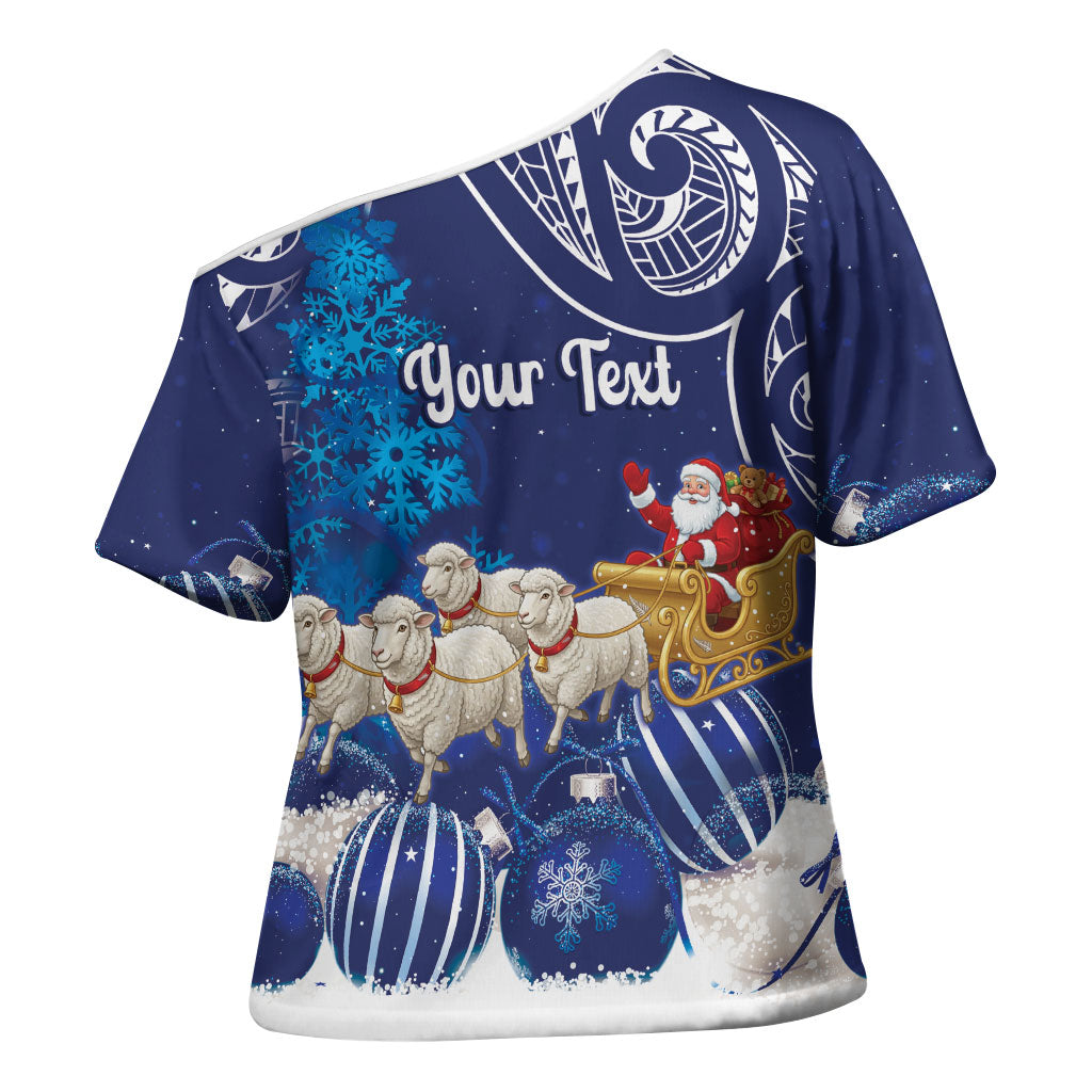 New Zealand Christmas In July Personalised Cross Shoulder Shirt Funny Santa Sheep Meri Kirihimete Blue