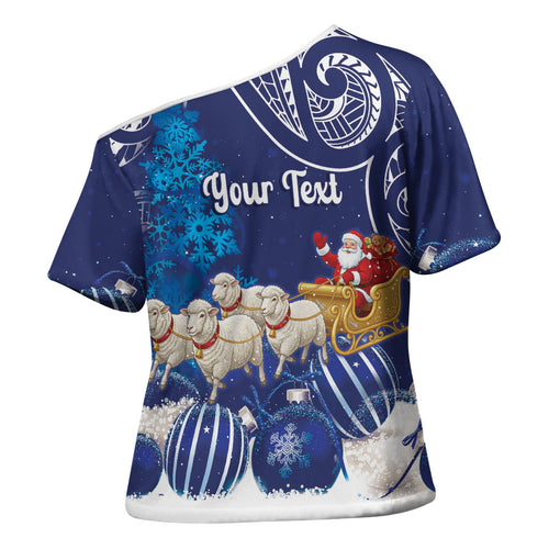 New Zealand Christmas In July Personalised Cross Shoulder Shirt Funny Santa Sheep Meri Kirihimete Blue