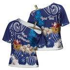 New Zealand Christmas In July Personalised Cross Shoulder Shirt Funny Santa Sheep Meri Kirihimete Blue