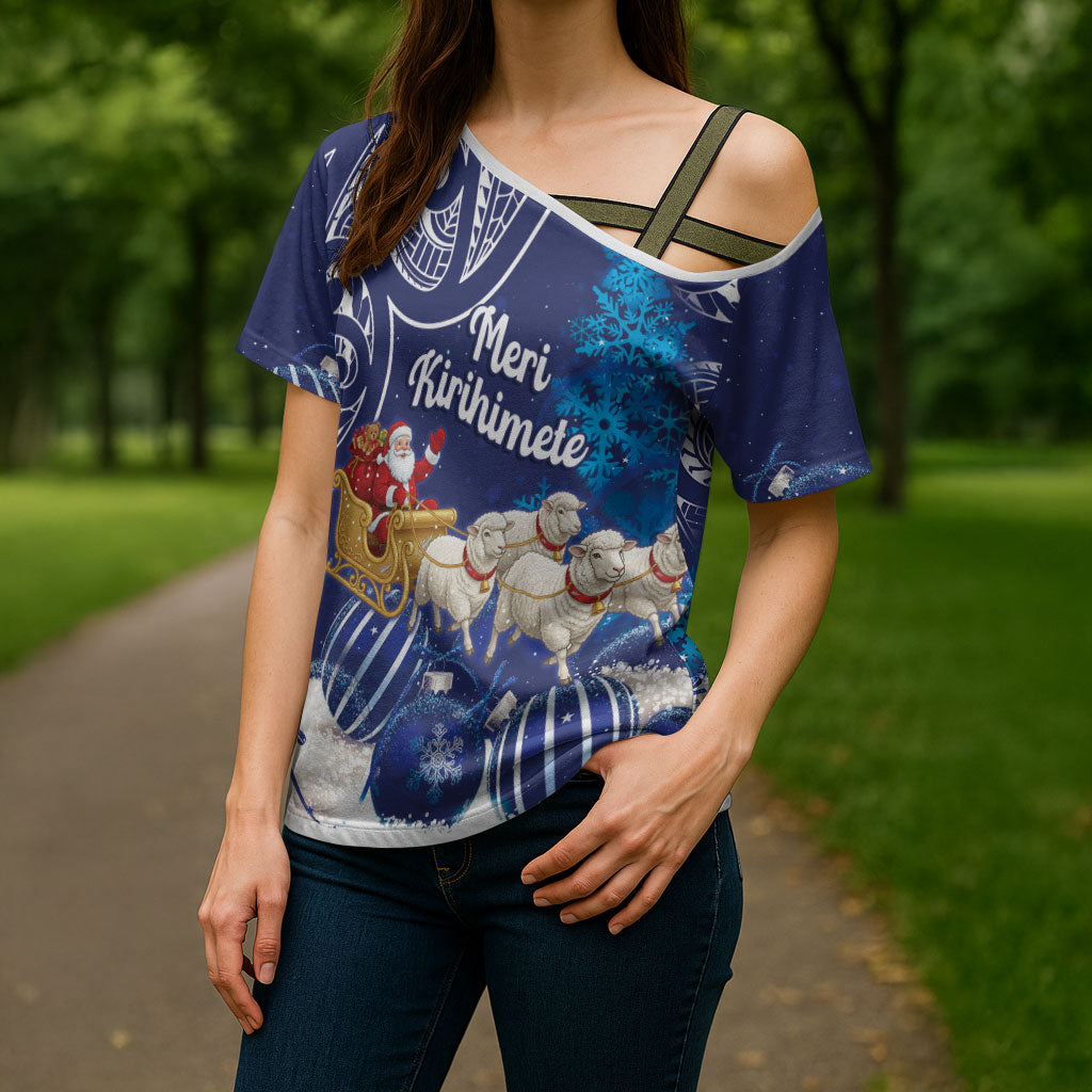 New Zealand Christmas In July Personalised Cross Shoulder Shirt Funny Santa Sheep Meri Kirihimete Blue