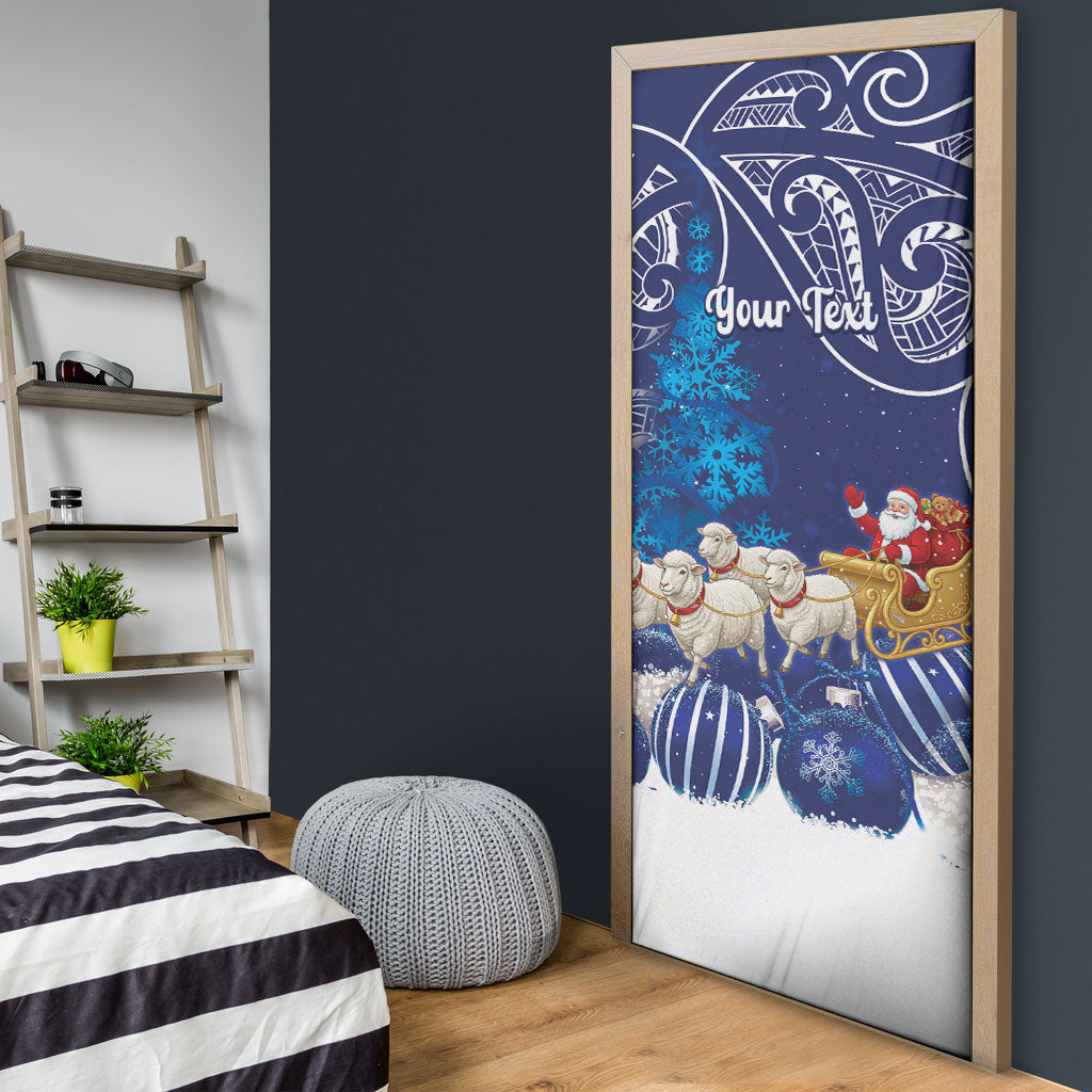 New Zealand Christmas In July Personalised Door Cover Funny Santa Sheep Meri Kirihimete Blue