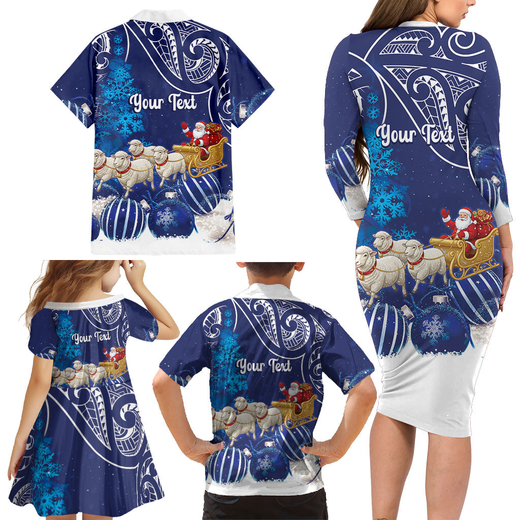 New Zealand Christmas In July Personalised Family Matching Long Sleeve Bodycon Dress and Hawaiian Shirt Funny Santa Sheep Meri Kirihimete Blue