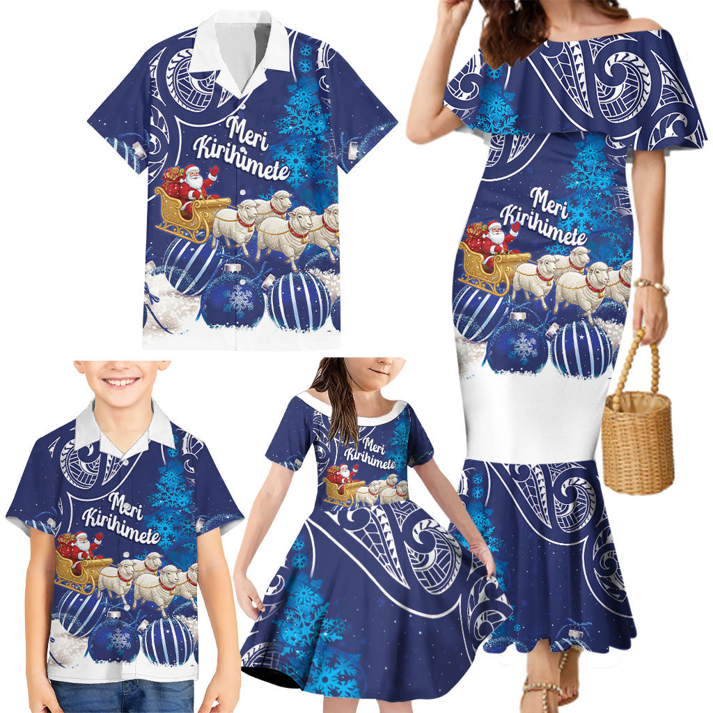 New Zealand Christmas In July Personalised Family Matching Mermaid Dress and Hawaiian Shirt Funny Santa Sheep Meri Kirihimete Blue