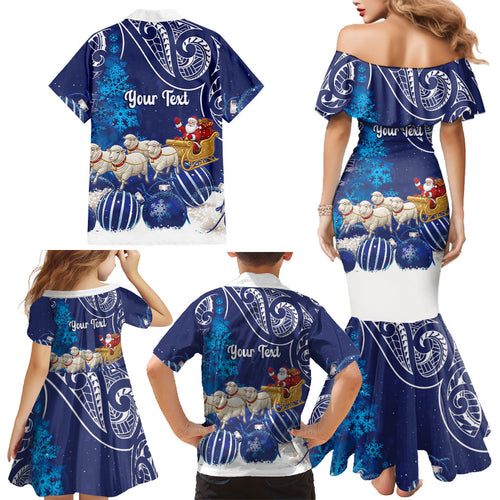 New Zealand Christmas In July Personalised Family Matching Mermaid Dress and Hawaiian Shirt Funny Santa Sheep Meri Kirihimete Blue