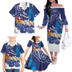 New Zealand Christmas In July Personalised Family Matching Off The Shoulder Long Sleeve Dress and Hawaiian Shirt Funny Santa Sheep Meri Kirihimete Blue